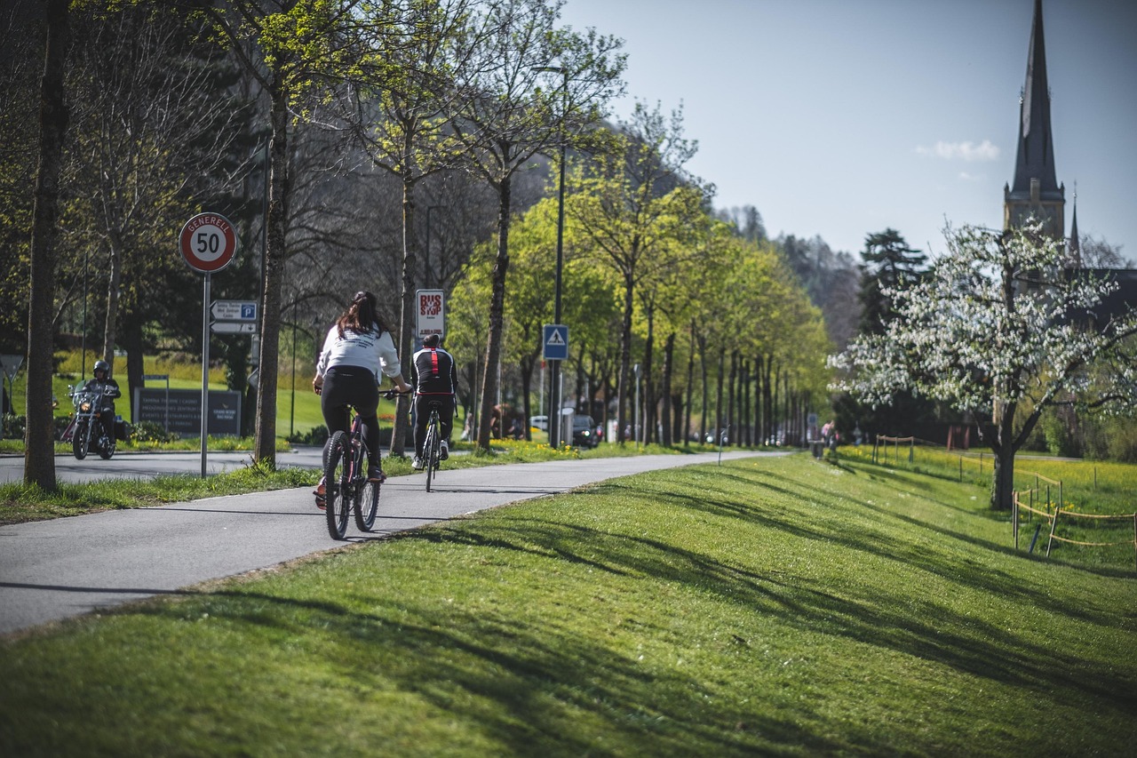 Two riders on a tree-lined paved greenway
