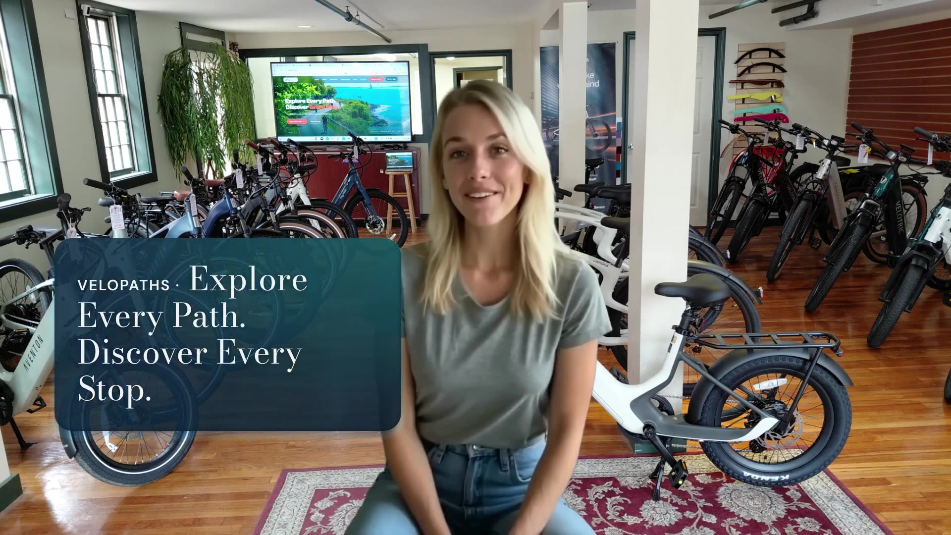 VeloPaths story film — presenter in a bike shop introducing the platform